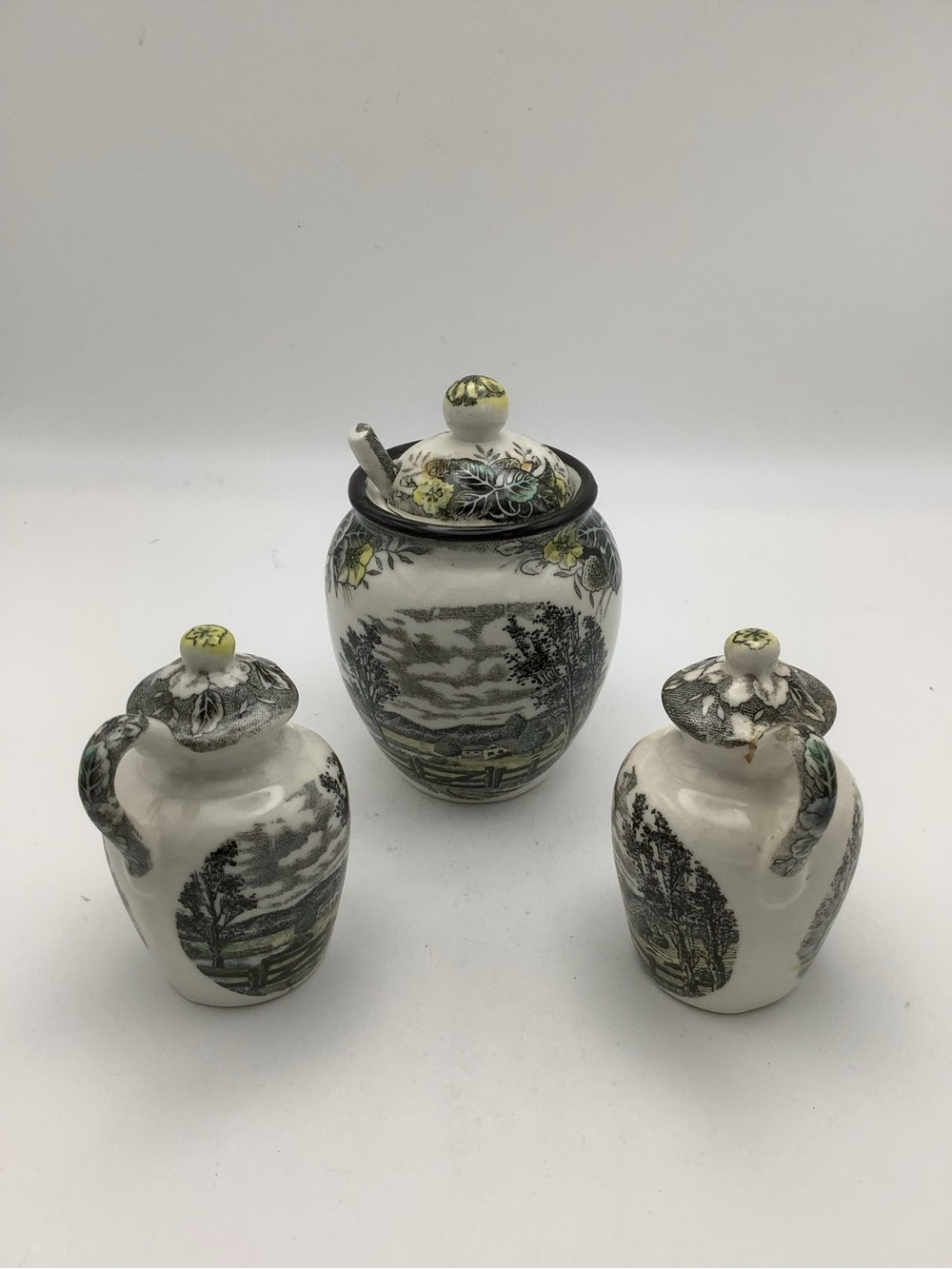 Japan Rural Scene Transferware Jam Jar with Spoon and Salt and Pepper Shakers - Picture 2 of 5